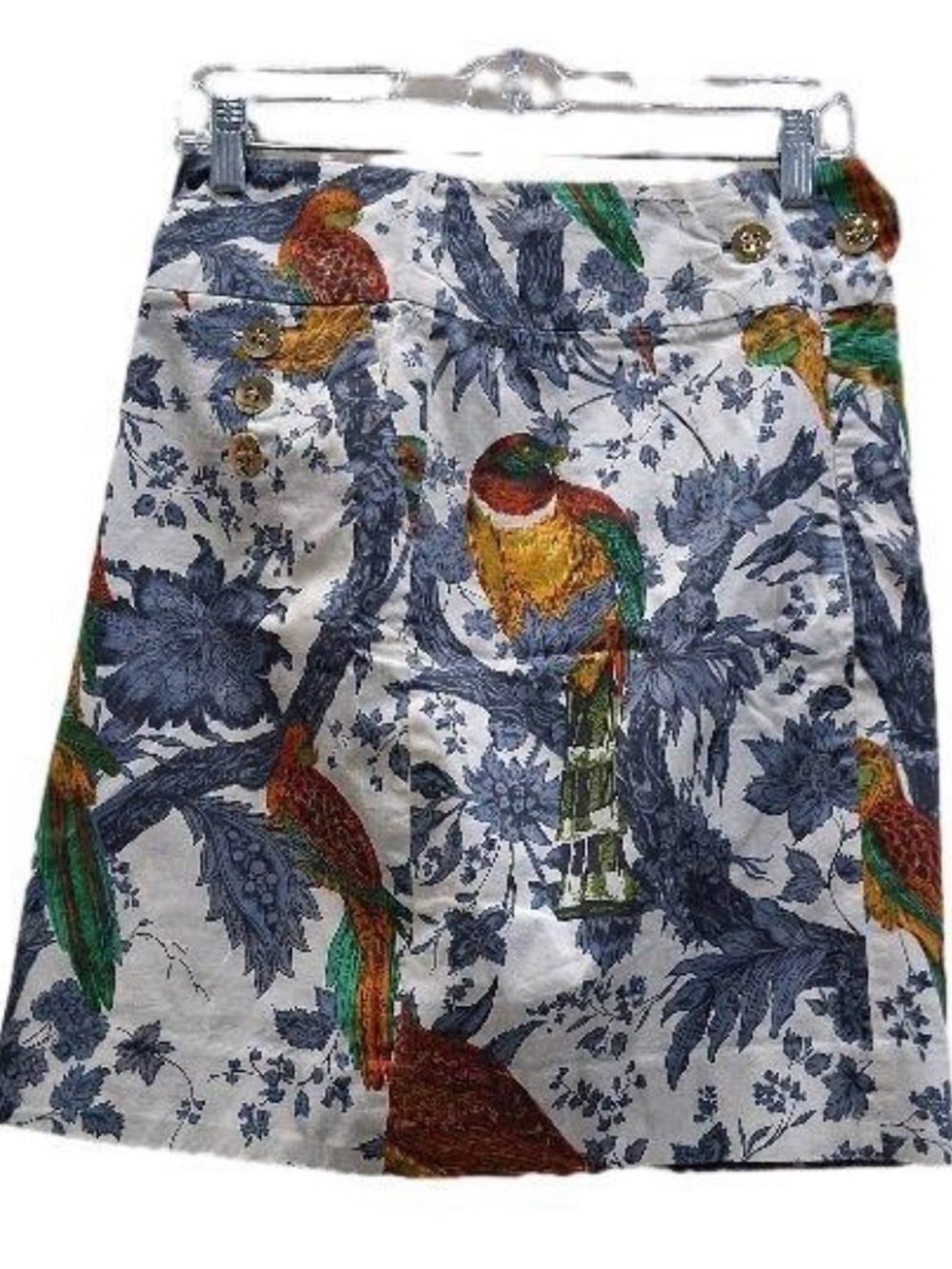 Anthropologie by Liefsdottir, size 4, Parrot Print A-Line Skirt in White, Blue